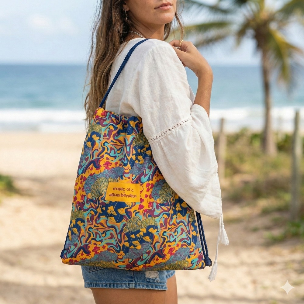 Agua Bendita x Tropic of C Tote Bag Psychedelic Mushroom Leaf Print Drawstring - Picture 1 of 7